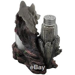 Decorative Gray Wolf Glass Salt and Pepper Shaker Set with Holder Figurine fo