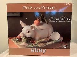 FITZ & FLOYD FRENCH MARKET 2 Pig Tureen, Lid, Ladle & Under-plate Salt & Pepper