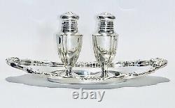 Fabulous Antique Pair of Sterling Silver Salt & Pepper Shakers On Silver Tray