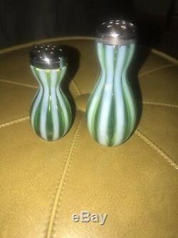 Fenton Art Glass Green Opalescent New World Stripe Optic Salt and Pepper Shakers