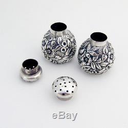 Floral Repousse Salt And Pepper Shaker Sterling Silver 1890