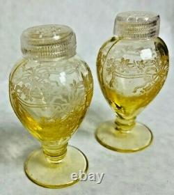 Fostoria Yellow June Topaz Salt & Pepper Shakers With Original Glass Lids Vintage