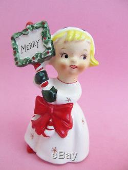 GIRL & BOY CARRYING MERRY CHRISTMAS SIGNS Salt and Pepper Shakers NAPCO