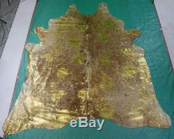Gold Metallic Cowhide Rug Size 7.4 X 7 ft Gold on Salt & Pepper Rug D-949