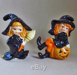 HALLOWEEN LITTLE WITCH GIRLS Salt and Pepper Shakers LEFTON SUPER RARE