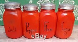 HTF Red Anchor Hocking Fired On Shakers Salt, Pepper, Flour, Sugar w Original Lids