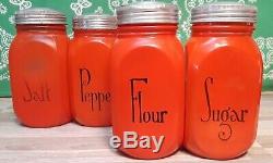 HTF Red Anchor Hocking Fired On Shakers Salt, Pepper, Flour, Sugar w Original Lids