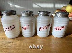 HTF Vintage HAZEL ATLAS Salt Pepper Flour Sugar Shakers Set Red Lettering