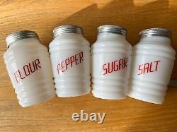 HTF Vintage HAZEL ATLAS Salt Pepper Flour Sugar Shakers Set Red Lettering