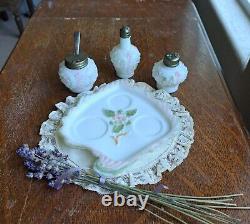 Hand Painted 5-Piece Milk Glass Condiment Set, Ca 1898, Cosmos Scroll #400, EAPG