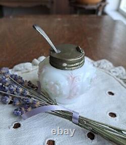 Hand Painted 5-Piece Milk Glass Condiment Set, Ca 1898, Cosmos Scroll #400, EAPG