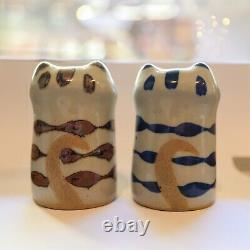 Handcrafted Blue Striped Cat Kitten Salt and Pepper Shakers Artistic Tableware