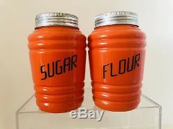 Hazel Atlas Fired Orange Barrel Beehive Range Shakers Flour Sugar Salt Pepper