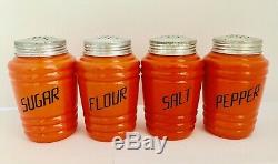 Hazel Atlas Fired Orange Barrel Beehive Range Shakers Flour Sugar Salt Pepper