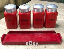 Hazel Atlas Fired on Red Color Salt Pepper Flour & Sugar Range Shakers & Rack