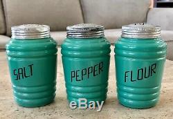 Hazel Atlas Fired on Turquoise Green Barrel Salt & Pepper Flour Range Shaker Set