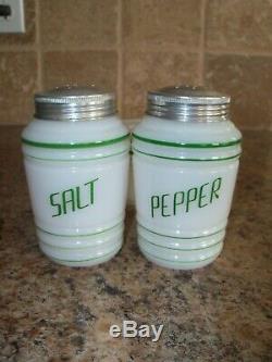 Hazel Atlas Salt & Pepper Shakers withDrippings Bowl Jadite Green Graphics