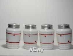 Hazel Atlas Vintage Set Milk Glass Shakers with Red Stripes Salt, Pepper, Suga