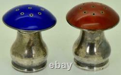 Imperial Russian Faberge silver&guilloche enamel pair salt&pepper mushrooms set