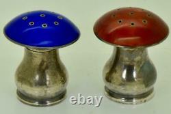 Imperial Russian Faberge silver&guilloche enamel pair salt&pepper mushrooms set