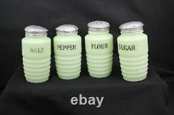 Jadeite Jadite Salt, Pepper, Sugar, Flour Beehive Range Shakers Set Orig Lids