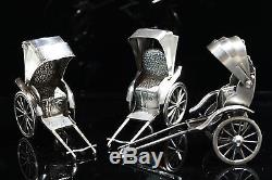 Japanese Sterling Silver Three Rickshaw Salt and Pepper Shakers Circa 1930s
