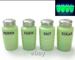 Jeanette Jadeite Salt Pepper Flour Sugar Uranium Glass Shakers Set of 4 Vintage