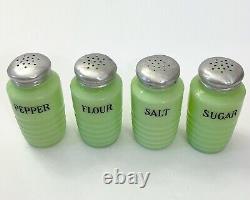 Jeanette Jadeite Salt Pepper Flour Sugar Uranium Glass Shakers Set of 4 Vintage