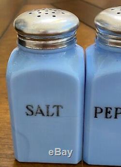 Jeannette Delphite Blue Milk Glass Square Salt Pepper Sugar & Flour Shakers Set