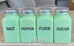 Jeannette Jadeite Green Jadite Square Salt Pepper Flour & Sugar Range Shaker Set
