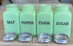 Jeannette Jadeite Green Jadite Square Salt Pepper Flour & Sugar Range Shaker Set