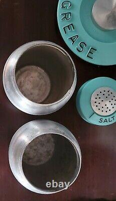 Kromex Vintage rare turquoise/aqua spun aluminum grease and salt & pepper set