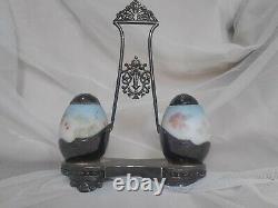Late 1800's Painted Egg Salt And Pepper Shaker With Silver Plated Caddy