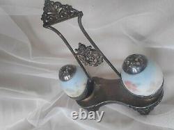 Late 1800's Painted Egg Salt And Pepper Shaker With Silver Plated Caddy