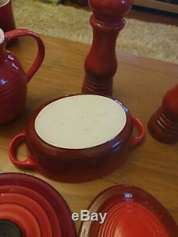 Le creuset cast iron set with salt pepper and other items. Most items unused