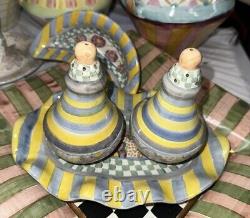 MacKenzie Childs Myrtle Salt and Pepper Shakers w Fluted Oval Plate Ceramic