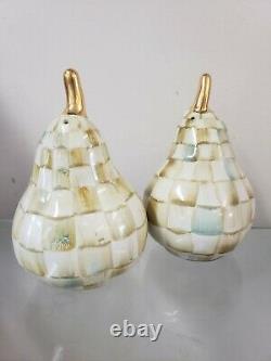 MacKenzie-Childs Parchment Check Pear Ceramic Salt and Pepper Shaker Set. New