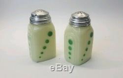 McKee Green Dots on Custard Glass Roman Arch Salt and Pepper Range Shakers