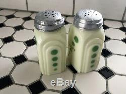McKee Green Polka Dots on Custard Glass Salt & Pepper Roman Arch Range Shakers