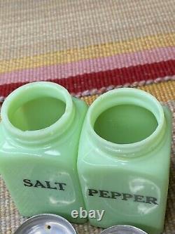 McKee Jadeite Green Milk Glass Block Lettering Salt Pepper Range Shakers Set