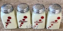 McKee Red Polka Dots on Custard Glass Salt Pepper Flour Sugar Range Shaker Set