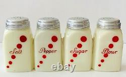 McKee Roman Arch Custard Glass Red Dots Salt Pepper Flour Sugar Shakers Set