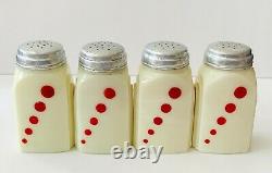 McKee Roman Arch Custard Glass Red Dots Salt Pepper Flour Sugar Shakers Set