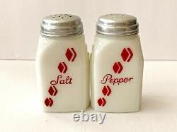 McKee Roman Arch Milk Glass Red Diamond Check Salt and Pepper Shakers