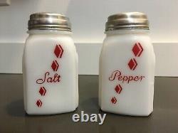 McKee Roman Arch RED DIAMOND CHECK Milk Glass Salt and Pepper Shakers Art Deco