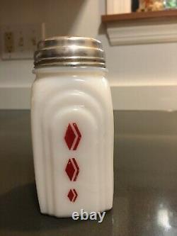 McKee Roman Arch RED DIAMOND CHECK Milk Glass Salt and Pepper Shakers Art Deco