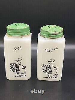 McKee Tipp City Watering Can Lady Salt and Pepper Shaker Set with Rare Green Lids