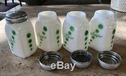 McKee White Milk Glass Green Polka Dot Salt Pepper Flour Sugar Range Shaker Set