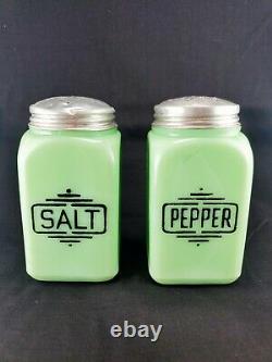 Mckee Jadeite Salt And Pepper Shakers Range Top Deco Large Lettering -free Ship