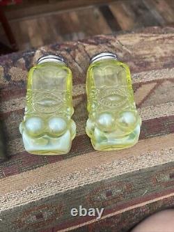 Mosser Yellow Opalescent Vaseline Glass Eye Winker Salt And Pepper Set